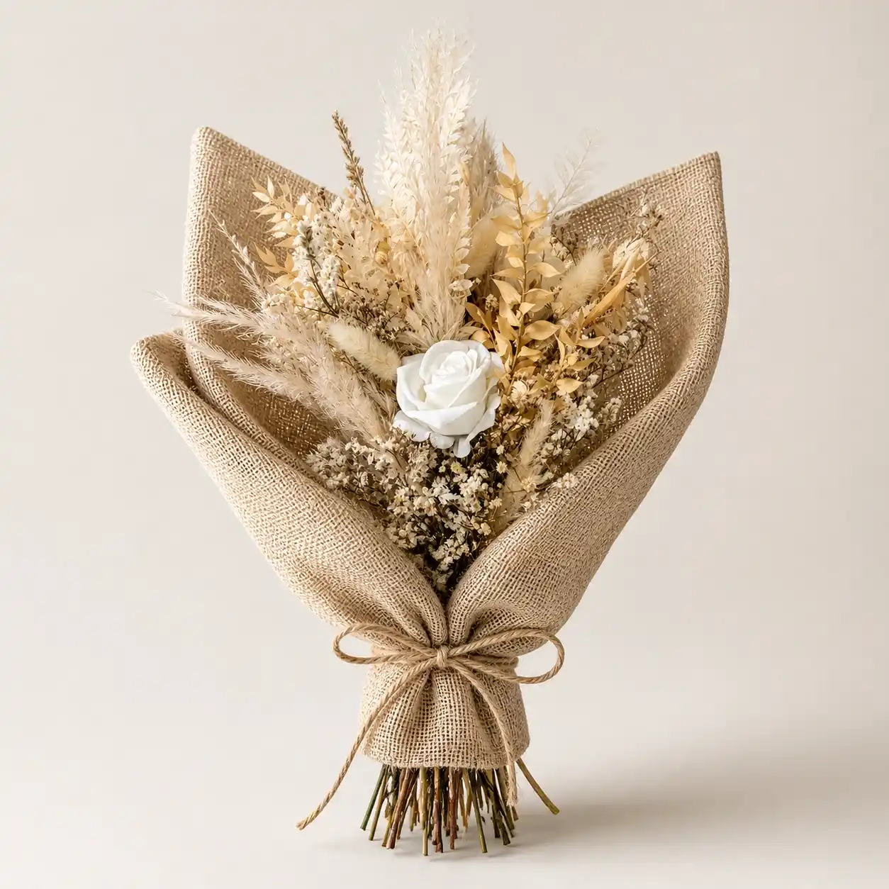 Ramo de flores preservadas elegante con colores claros, marfil, blanco, ambar y beige.