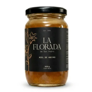Frente del frasco de miel pura liquida de 500 gramos marca La Florada de San Pedro.